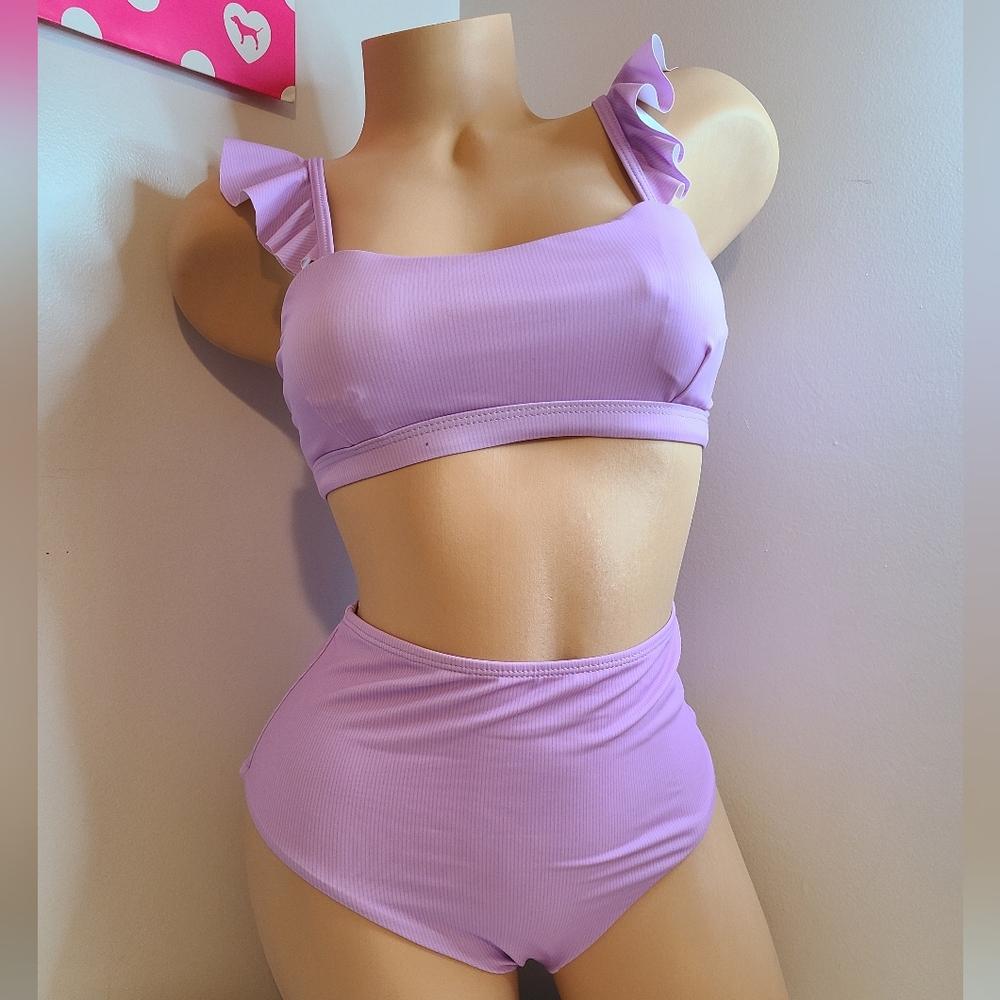Unbranded Swim 2pc High Waisted Ruffle Bikini Set Size Sm Lilac - Picture 2 of 9